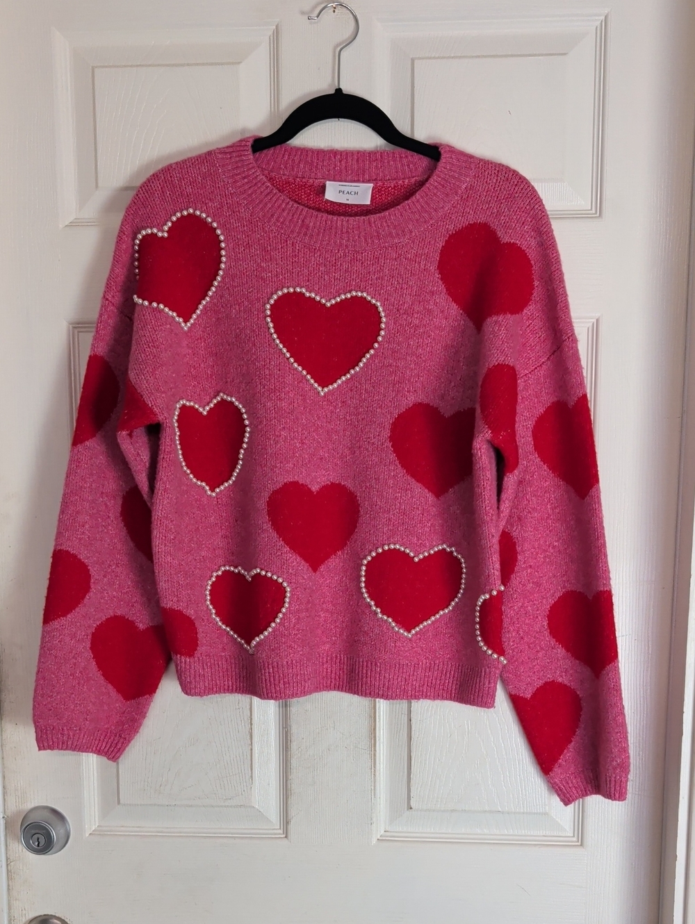 Peach Brand Pink & Red Heart Pullover Knit Sweater Women M